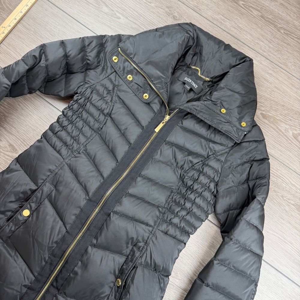 Ellen Tracy Womens Puffer Jacket Down Fill Quilted Mid Length Black Small